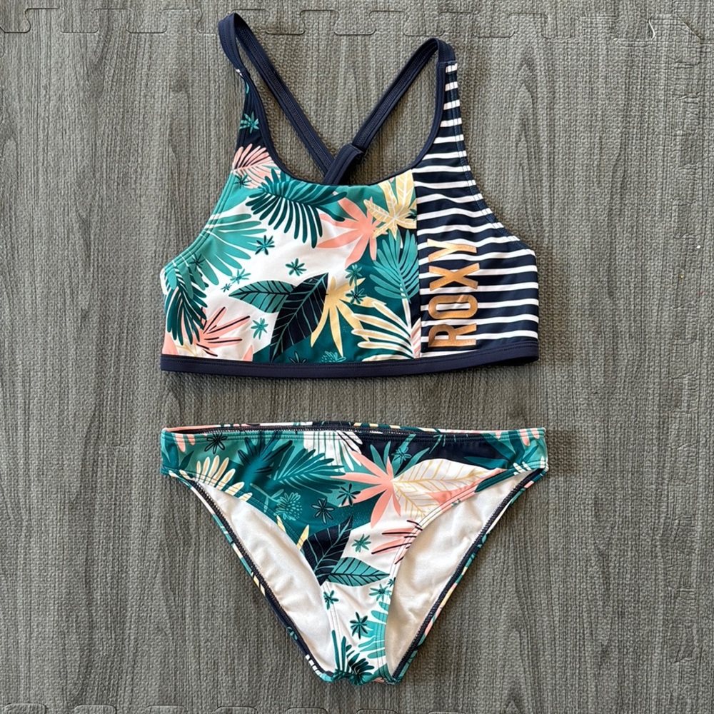 Roxy Green and Blue Bikini Set, Tropical Print - Girls Size 14